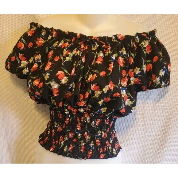 Vintage Fashion Magazine Tulip Print Off Shouldler Peasant Blouse Top Size Small - Picture 1 of 9